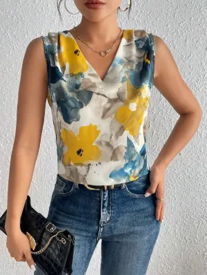 Petal Pop Sleeveless V-Neck Floral Print Blouse