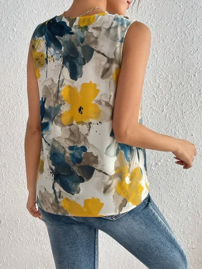 Petal Pop Sleeveless V-Neck Floral Print Blouse