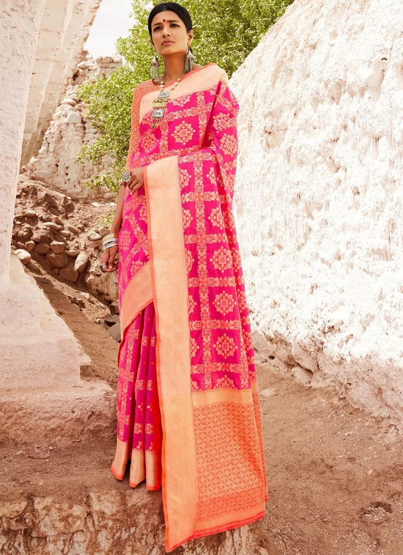 Pink And Orange Digital Indian Patola Silk Saree