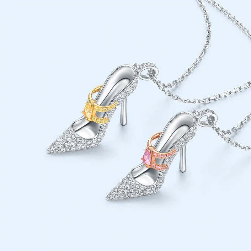 Pink Yellow Diamond High-Heel Shoe Pendant Necklace