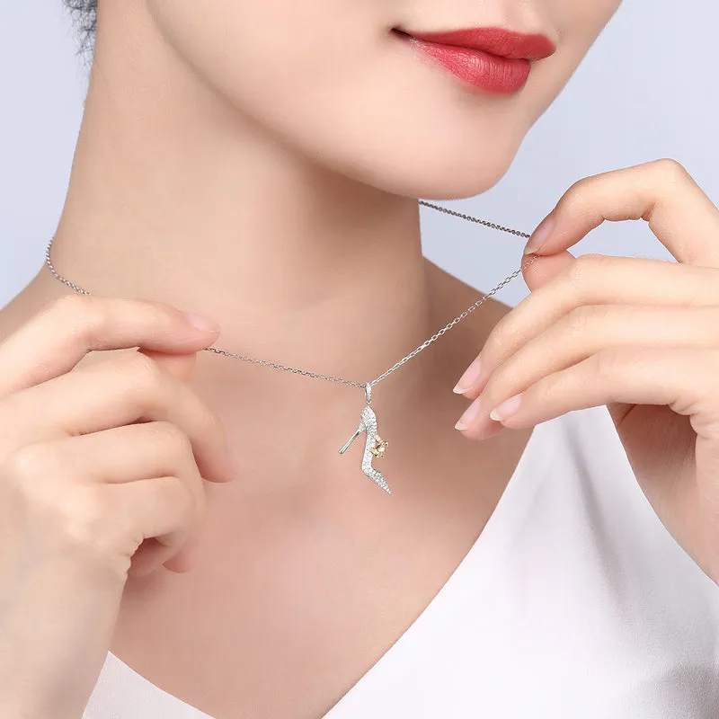 Pink Yellow Diamond High-Heel Shoe Pendant Necklace