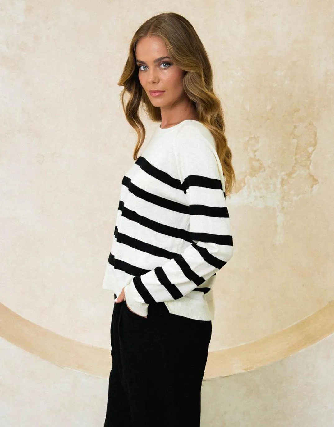 Piper Striped Crew Knit - Ivory/Navy