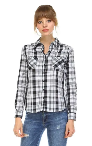 Plaid Shirt Button Up Black White