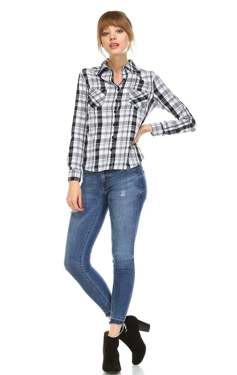 Plaid Shirt Button Up Black White