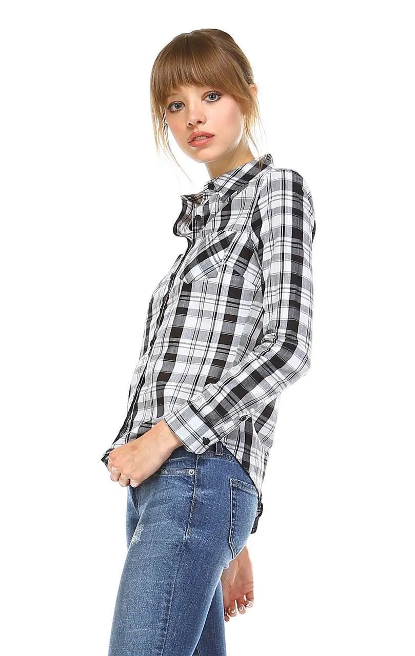 Plaid Shirt Button Up Black White