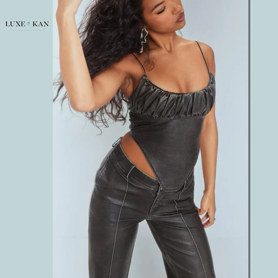 PRETTYLITTLETHING Premium Dark Brown Washed Faux Leather Dip Waist Flared Trousers