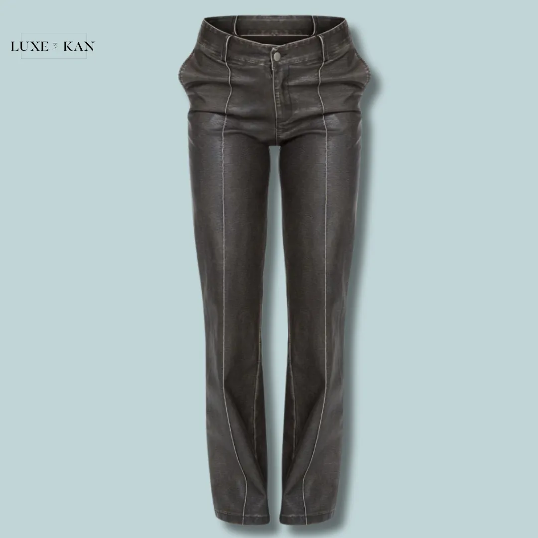 PRETTYLITTLETHING Premium Dark Brown Washed Faux Leather Dip Waist Flared Trousers