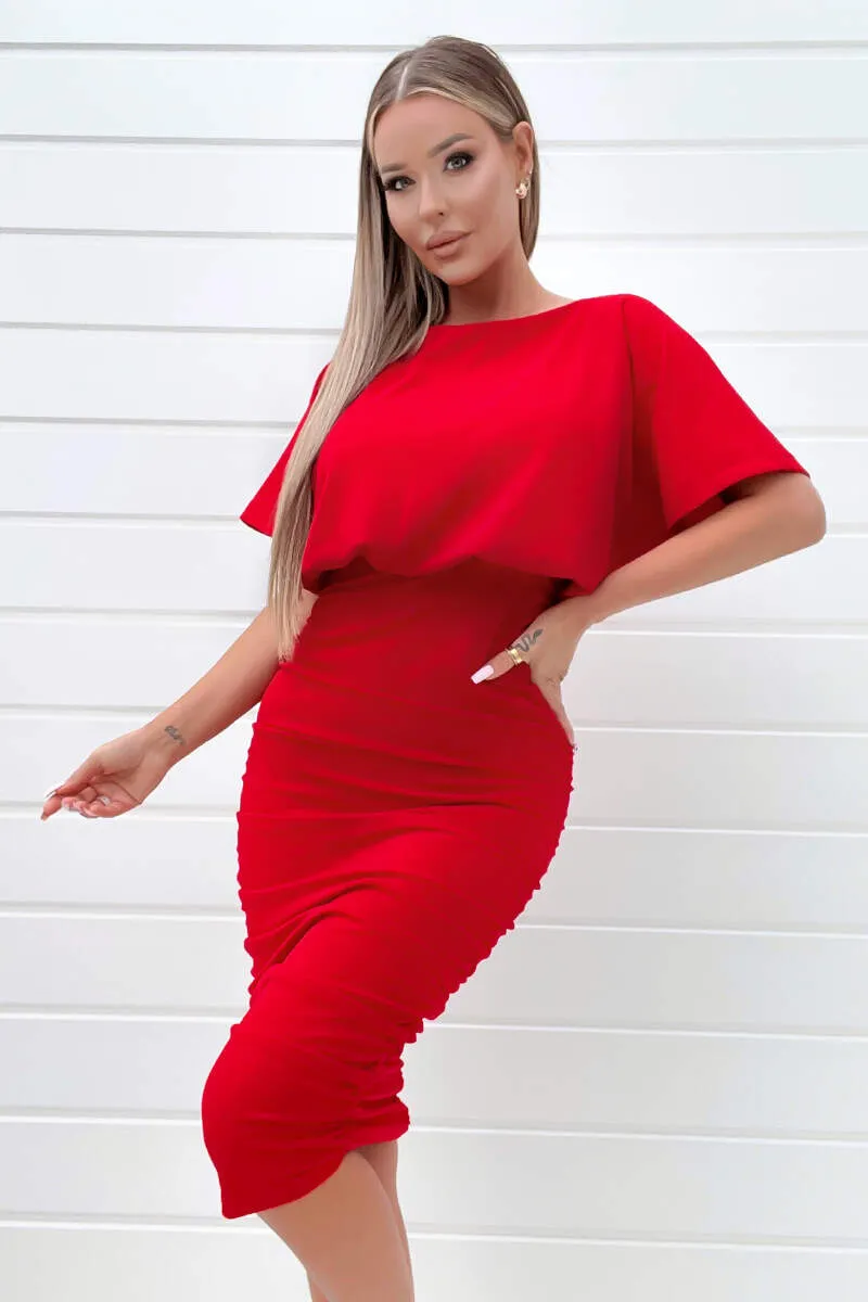 Red Short Sleeve Side Ruched Midi Dress