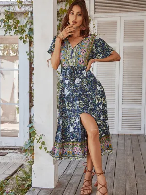 Ricarda Boho Midi Dress - Navy Print