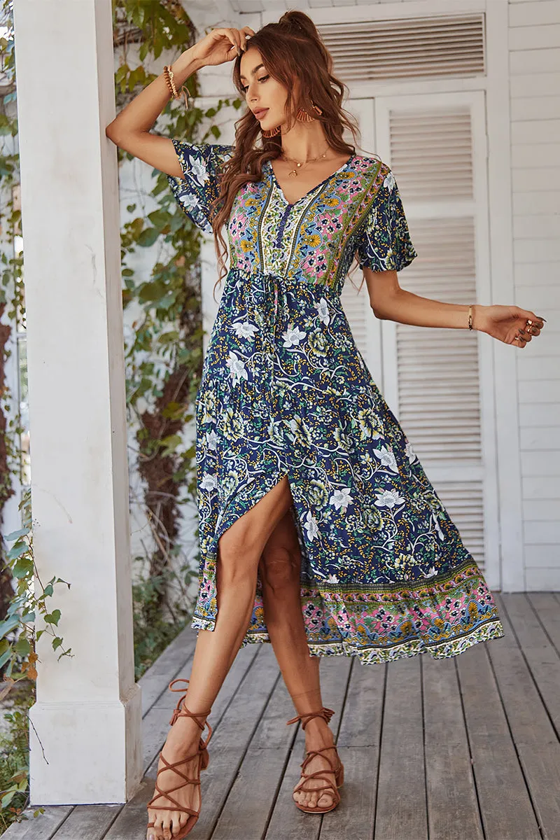 Ricarda Boho Midi Dress - Navy Print