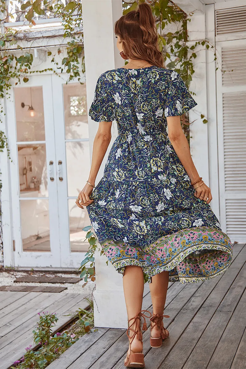 Ricarda Boho Midi Dress - Navy Print