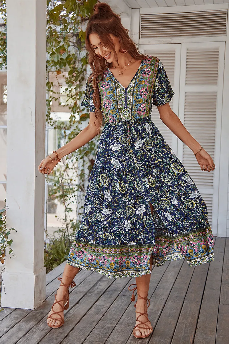 Ricarda Boho Midi Dress - Navy Print