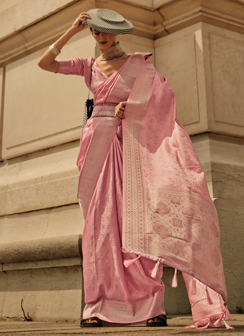 Rose Peach Brocade Weaved Handloom Silk Saree