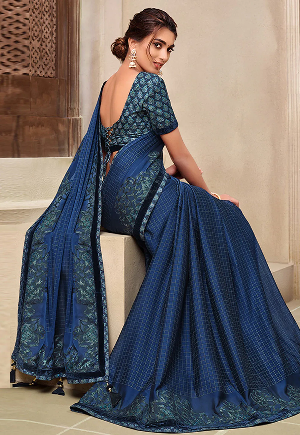 Royal Blue Traditional Embroidered Silk Saree
