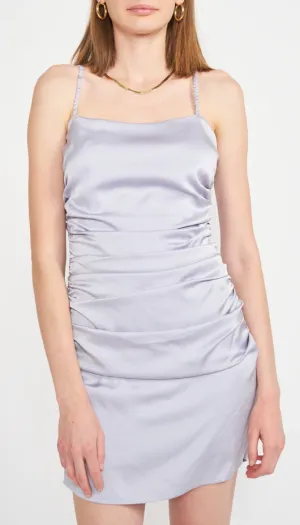 Ruched Satin Spaghetti Strap Dress