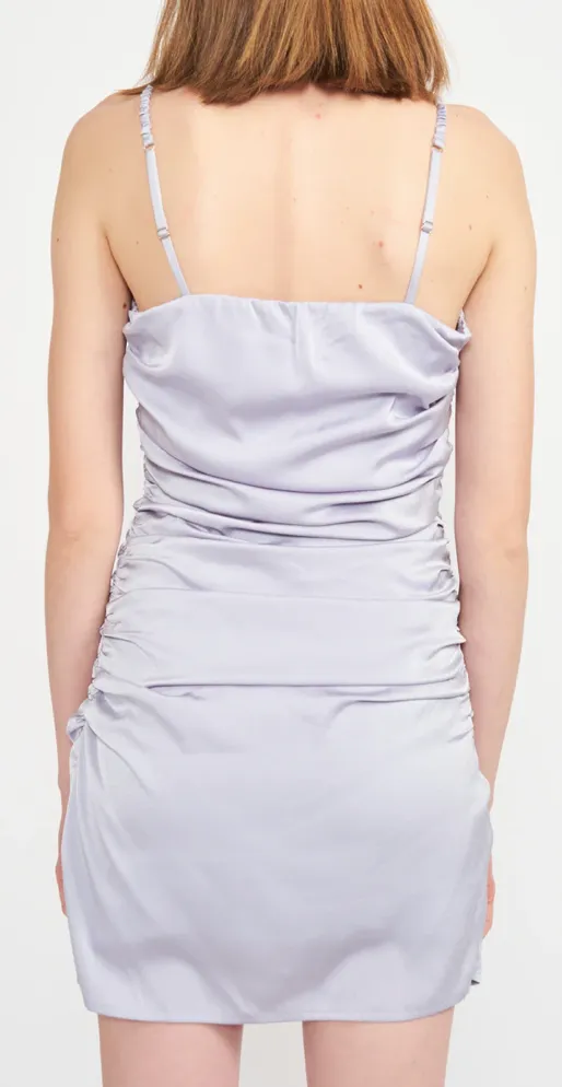 Ruched Satin Spaghetti Strap Dress