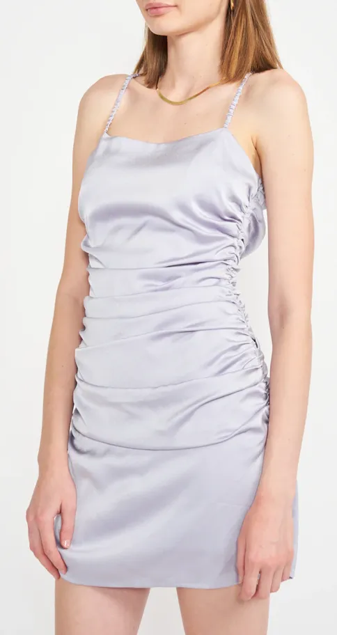 Ruched Satin Spaghetti Strap Dress