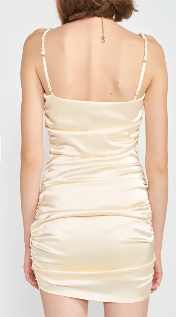 Ruched Satin Spaghetti Strap Dress
