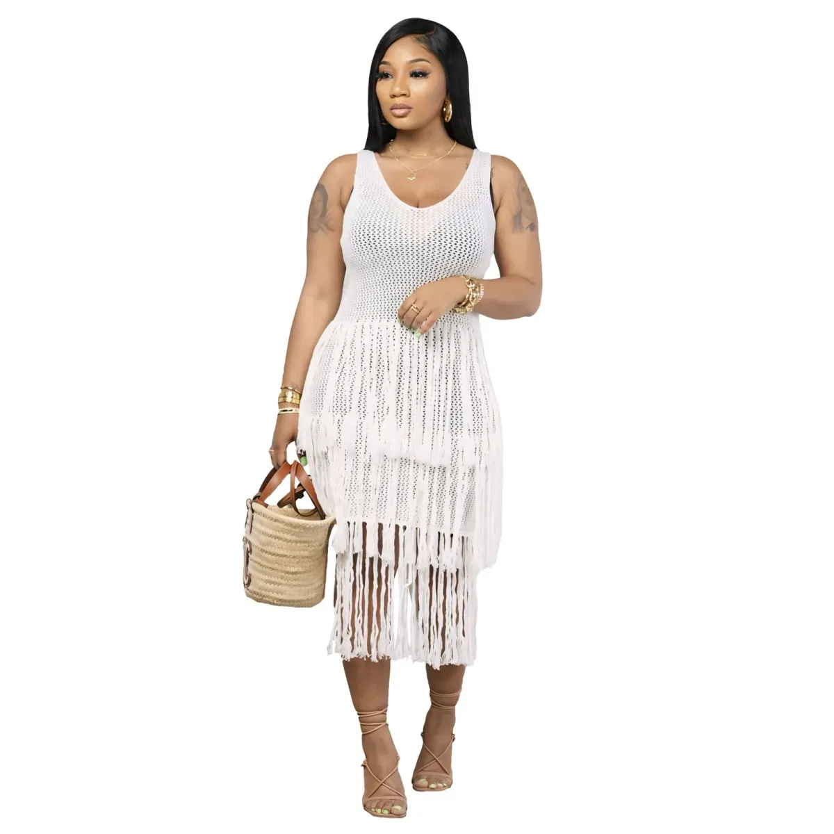 Shea Sleeveless Crochet Tiered Fringe Midi Dress