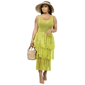 Shea Sleeveless Crochet Tiered Fringe Midi Dress