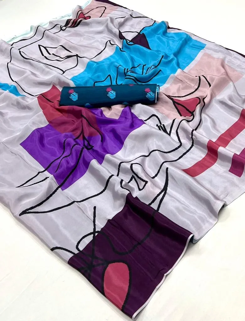 Silk Crepe Digital Print White Saree