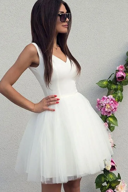 Simple A Line V Neck White Sleeveless Short Tulle Homecoming Dresses with Ruffles OHM092