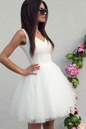 Simple A Line V Neck White Sleeveless Short Tulle Homecoming Dresses with Ruffles OHM092
