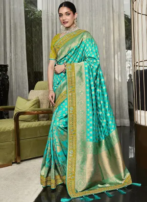 Sky Blue And Green Handwork Embroidery Silk Saree