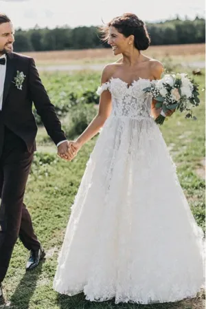Sleeveless A-Line Off-the-Shoulder Sweep Train Wedding Dress with Appliques OHD056