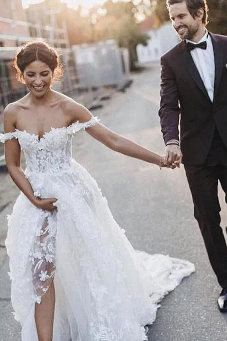 Sleeveless A-Line Off-the-Shoulder Sweep Train Wedding Dress with Appliques OHD056