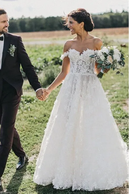Sleeveless A-Line Off-the-Shoulder Sweep Train Wedding Dress with Appliques OHD056