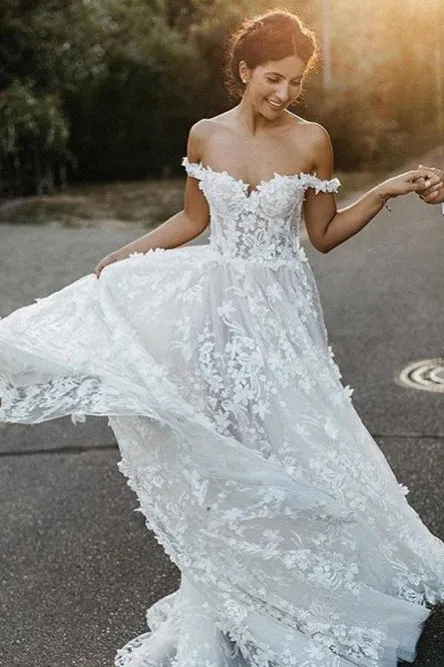 Sleeveless A-Line Off-the-Shoulder Sweep Train Wedding Dress with Appliques OHD056