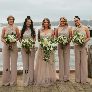 Sleeveless Halter Long Chiffon Bridesmaid Jumpsuit,Cheap Bridesmaid Dresses,WGY0348