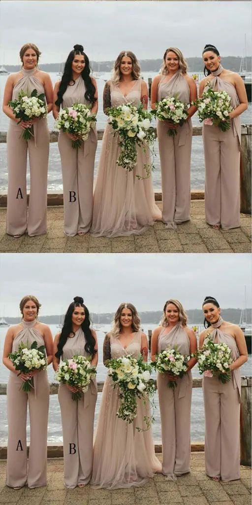 Sleeveless Halter Long Chiffon Bridesmaid Jumpsuit,Cheap Bridesmaid Dresses,WGY0348