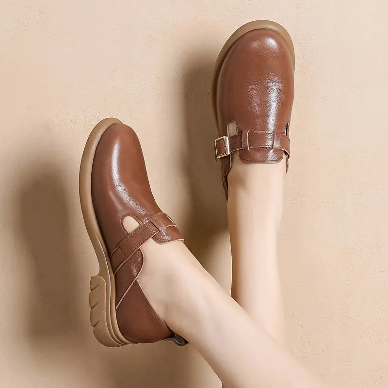 Soft Bottom Loafers Womens Shoes for Women Genuine Leather Round Head Mary Janes Comfortable Elegant Woman Shoes With Low Heels