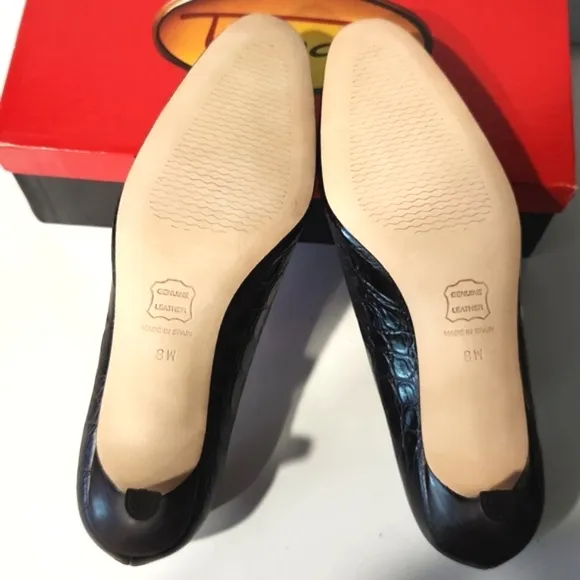 Talbots Leather Croc Embossed Cocoa Brown Gold Chain Detail Heels Size 8 W EUC!!