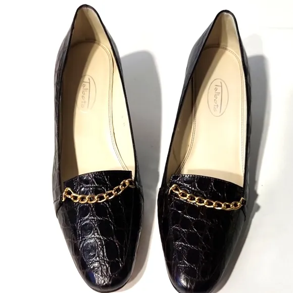 Talbots Leather Croc Embossed Cocoa Brown Gold Chain Detail Heels Size 8 W EUC!!