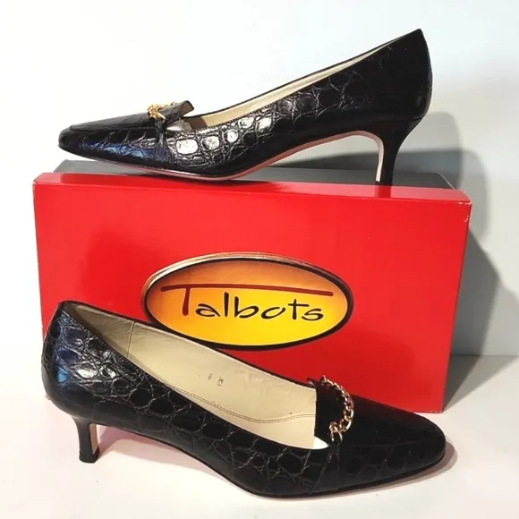 Talbots Leather Croc Embossed Cocoa Brown Gold Chain Detail Heels Size 8 W EUC!!