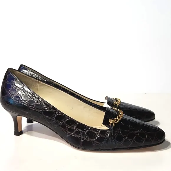 Talbots Leather Croc Embossed Cocoa Brown Gold Chain Detail Heels Size 8 W EUC!!