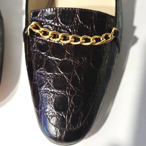 Talbots Leather Croc Embossed Cocoa Brown Gold Chain Detail Heels Size 8 W EUC!!
