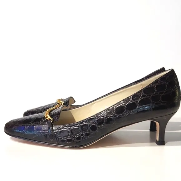 Talbots Leather Croc Embossed Cocoa Brown Gold Chain Detail Heels Size 8 W EUC!!