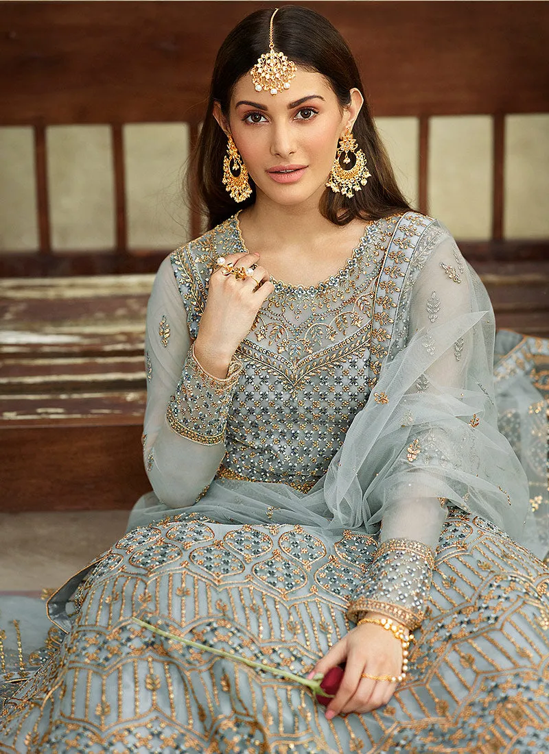 Teal Blue Golden Anarkali Suit
