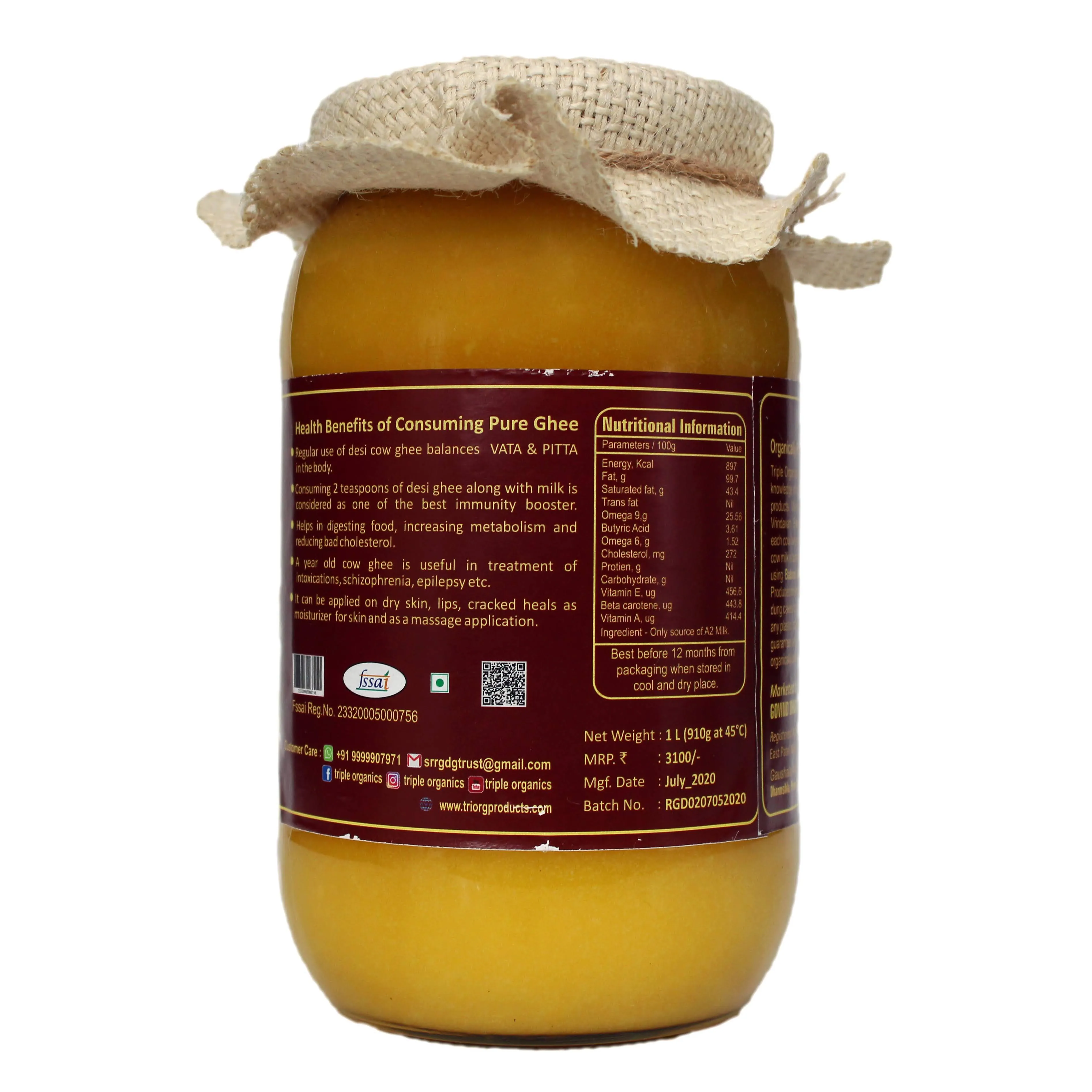 Triple Organics A2 Gir Cow Ghee 500 ML