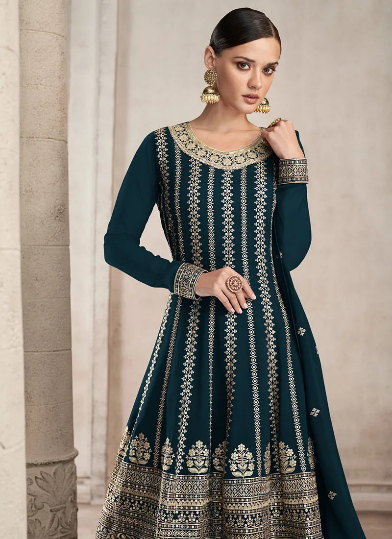 Turquoise Sequence Embroidery Festive Anarkali Gharara