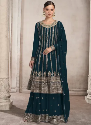 Turquoise Sequence Embroidery Festive Anarkali Gharara