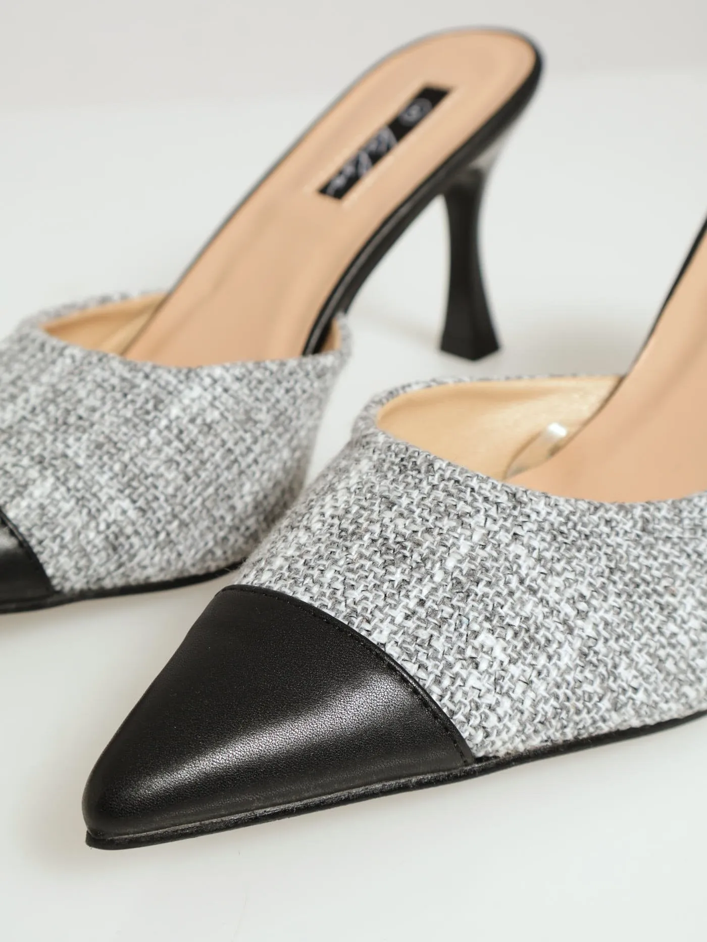 Tweed Pointed Toe Cap Heel - Black/White