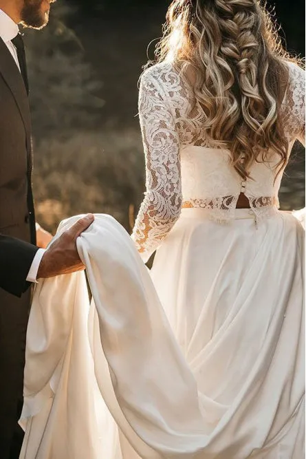 Two Piece Round Neck Long Sleeves Chiffon Wedding Dress with Lace OHD051