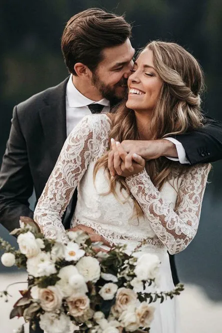 Two Piece Round Neck Long Sleeves Chiffon Wedding Dress with Lace OHD051
