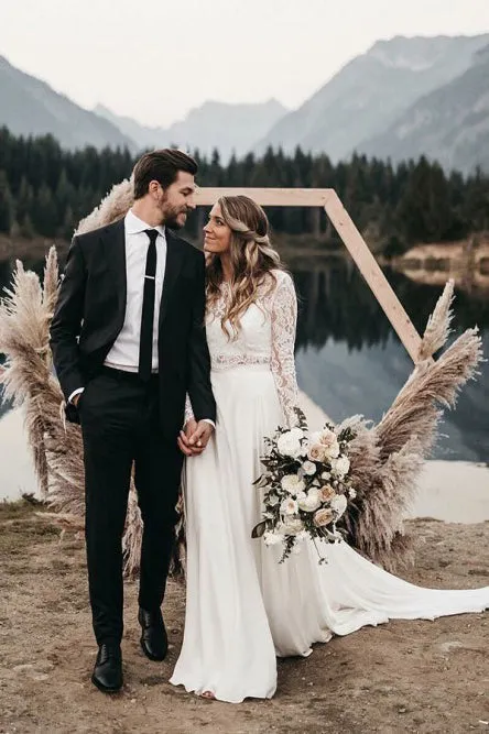 Two Piece Round Neck Long Sleeves Chiffon Wedding Dress with Lace OHD051