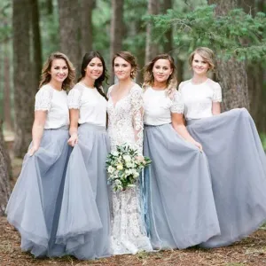 Two Pieces Short Sleeves Grey Cheap Long Bridesmaid Dresses Online, WGY0277